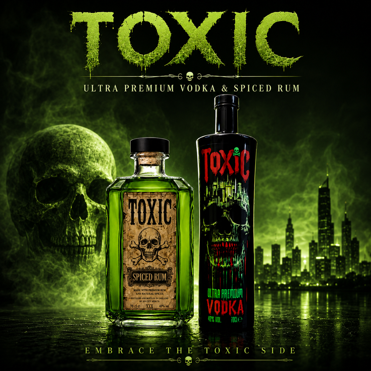 TOXIC Ultra Premium Vodka and TOXIC Spiced Rum bottles by SIN CITY SPIRITS