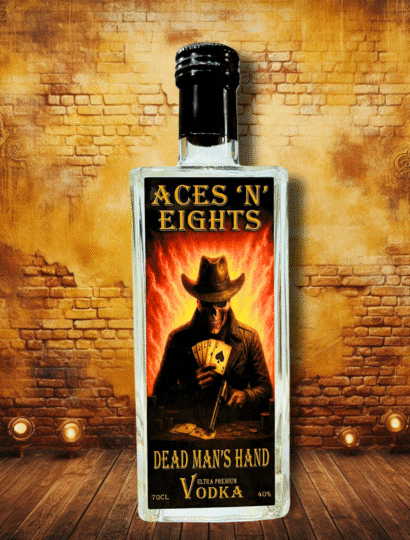 Ultra premium vodka bottle – Aces 'N' Eights Dead Man’s Hand by Sin City Spirits